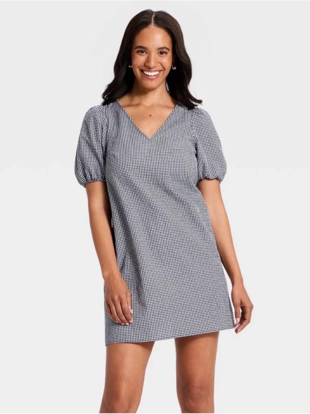 A New Day Gingham Puff-Sleeve V-Neck Mini Dress - Black & White - L